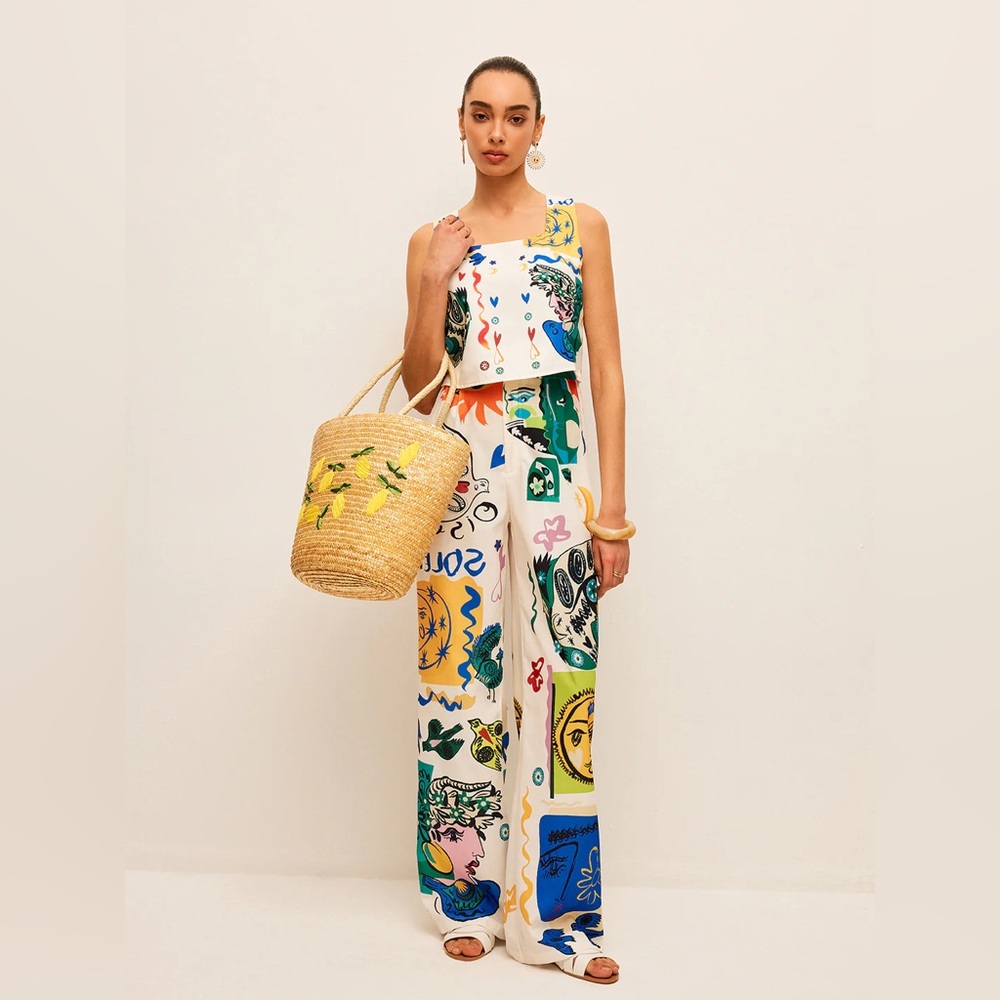 Graphic Print Crop Top With Wide-Leg Pants Set Commense M NWT